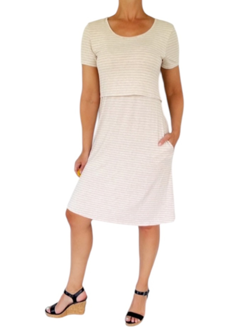 Kindred Bravely Nursing beige stripe short sleeve stretch dress size small